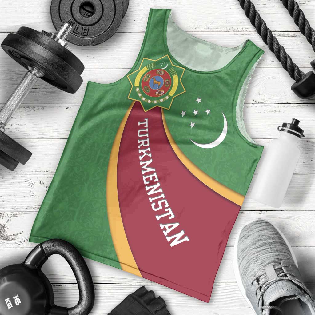 Turkmenistan Green Men Tank Top with Crescent Moon and State Emblem Design