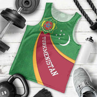 Turkmenistan Green Men Tank Top with Crescent Moon and State Emblem Design