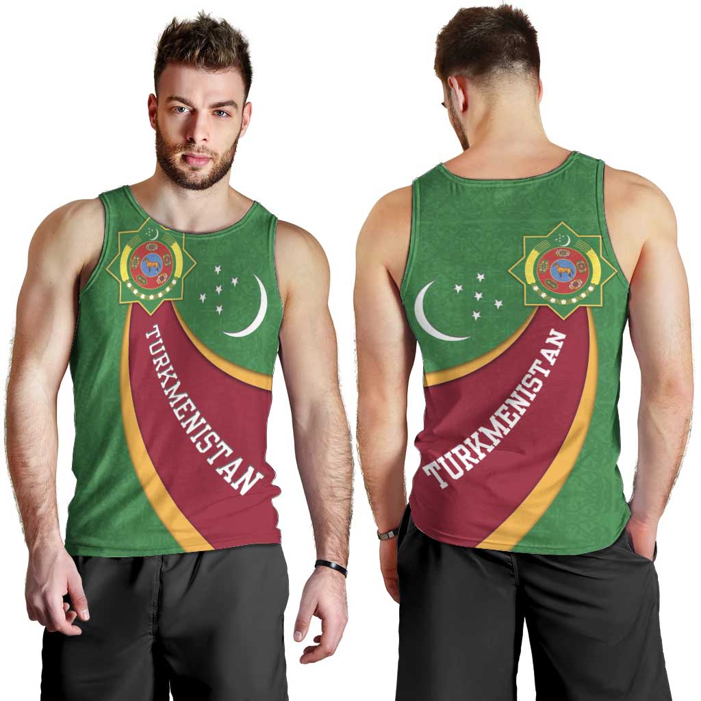Turkmenistan Green Men Tank Top with Crescent Moon and State Emblem Design