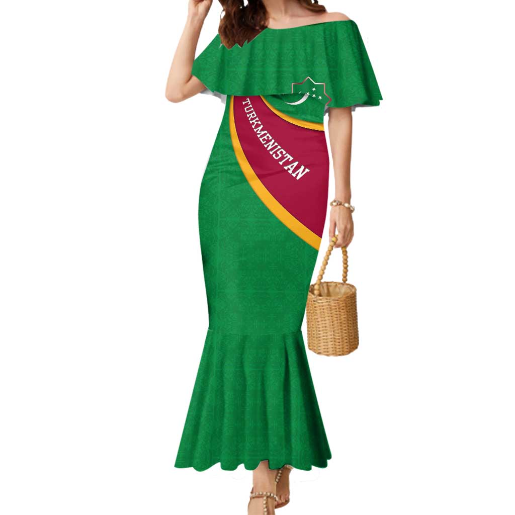 Turkmenistan Green Mermaid Dress with Crescent Moon and State Emblem Design