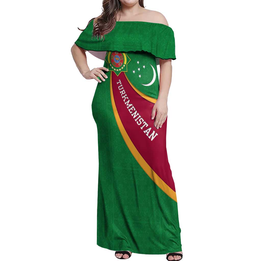 Turkmenistan Green Off Shoulder Maxi Dress with Crescent Moon and State Emblem Design