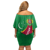 Turkmenistan Green Off Shoulder Short Dress with Crescent Moon and State Emblem Design