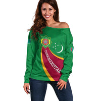Turkmenistan Green Off Shoulder Sweater with Crescent Moon and State Emblem Design