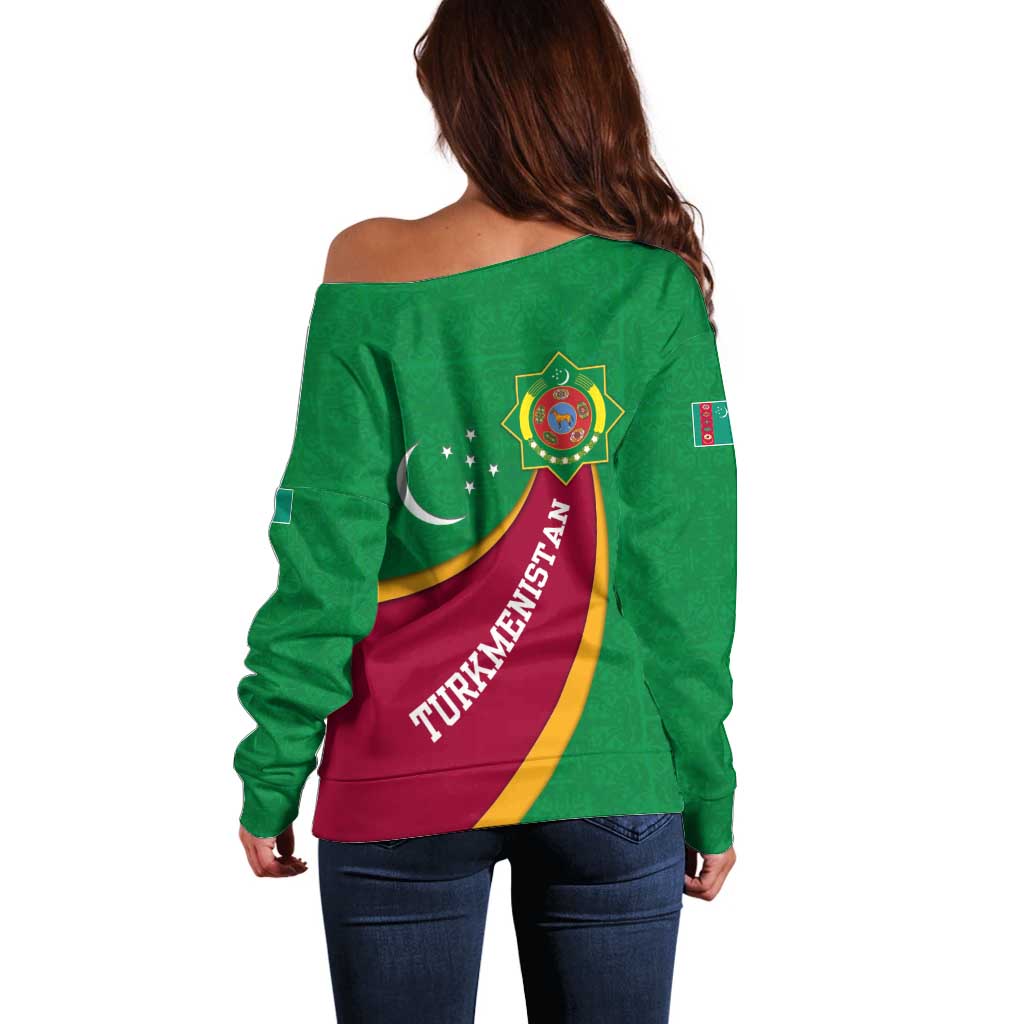Turkmenistan Green Off Shoulder Sweater with Crescent Moon and State Emblem Design