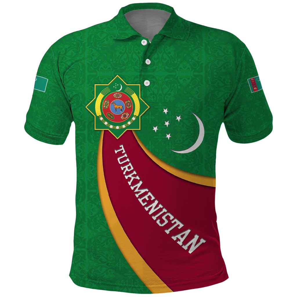 Turkmenistan Green Polo Shirt with Crescent Moon and State Emblem Design