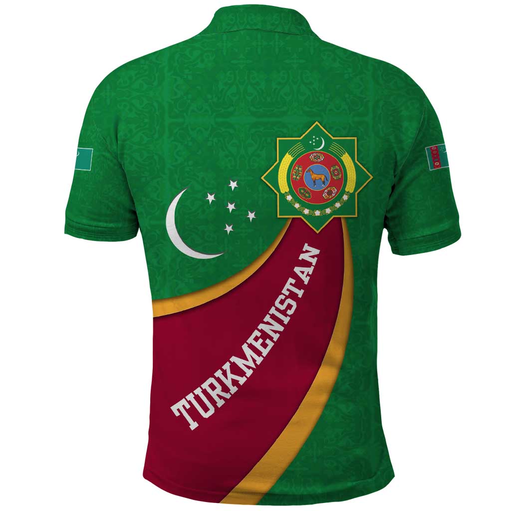 Turkmenistan Green Polo Shirt with Crescent Moon and State Emblem Design