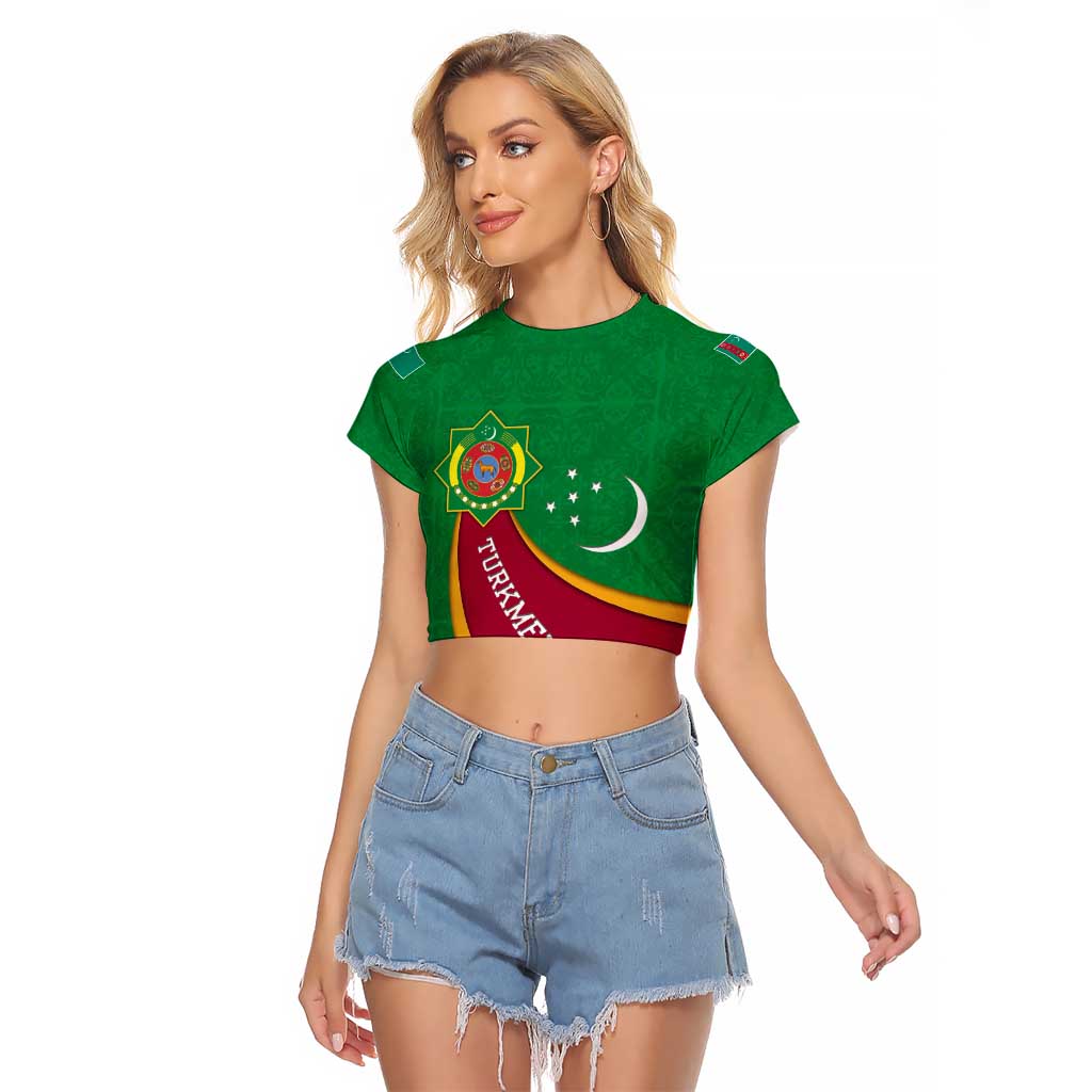 Turkmenistan Green Raglan Cropped T Shirt with Crescent Moon and State Emblem Design
