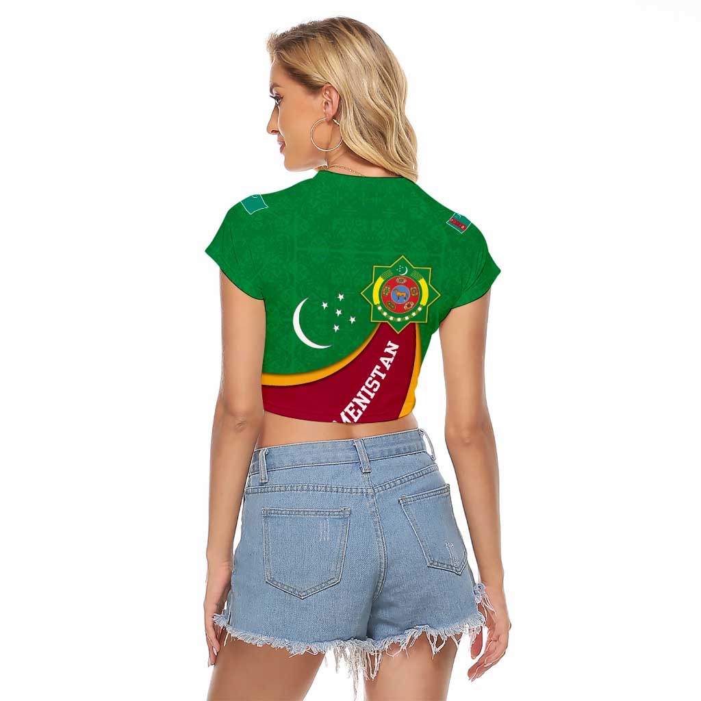 Turkmenistan Green Raglan Cropped T Shirt with Crescent Moon and State Emblem Design
