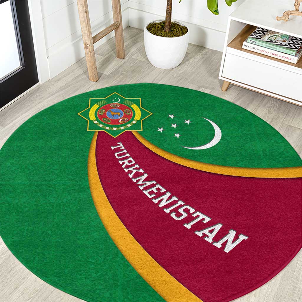 Turkmenistan Green Round Carpet with Crescent Moon and State Emblem Design