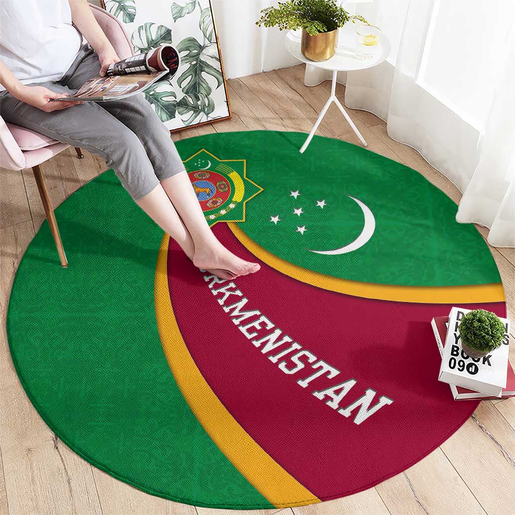 Turkmenistan Green Round Carpet with Crescent Moon and State Emblem Design