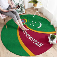 Turkmenistan Green Round Carpet with Crescent Moon and State Emblem Design