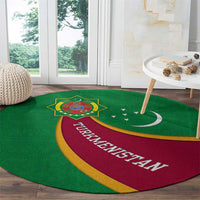 Turkmenistan Green Round Carpet with Crescent Moon and State Emblem Design