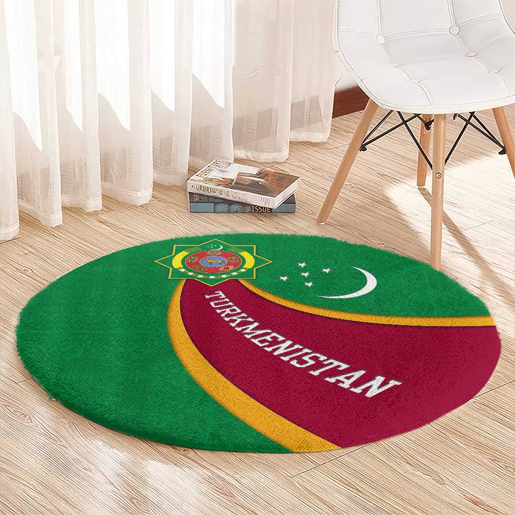Turkmenistan Green Round Carpet with Crescent Moon and State Emblem Design