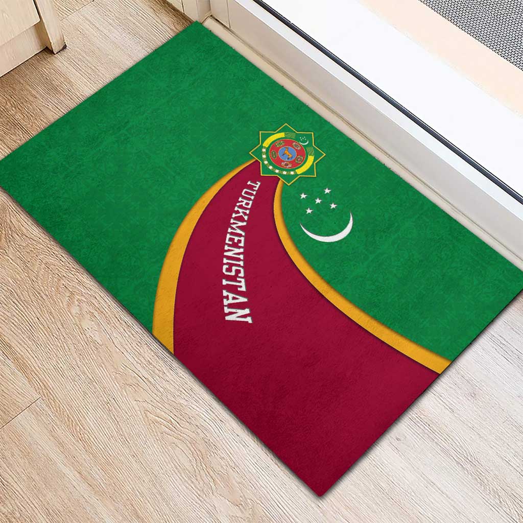 Turkmenistan Green Rubber Doormat with Crescent Moon and State Emblem Design