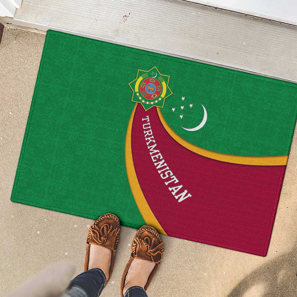 Turkmenistan Green Rubber Doormat with Crescent Moon and State Emblem Design