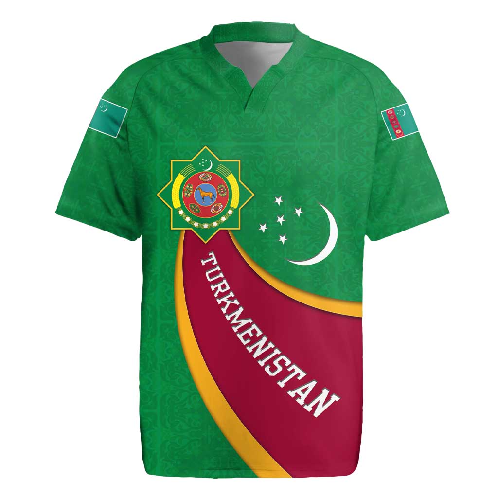 Turkmenistan Green Rugby Jersey with Crescent Moon and State Emblem Design