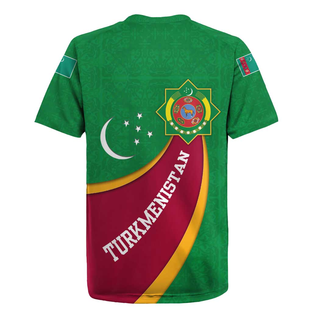 Turkmenistan Green Rugby Jersey with Crescent Moon and State Emblem Design