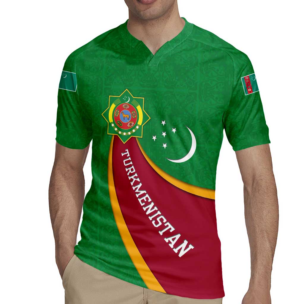 Turkmenistan Green Rugby Jersey with Crescent Moon and State Emblem Design