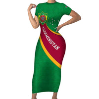 Turkmenistan Green Short Sleeve Bodycon Dress with Crescent Moon and State Emblem Design