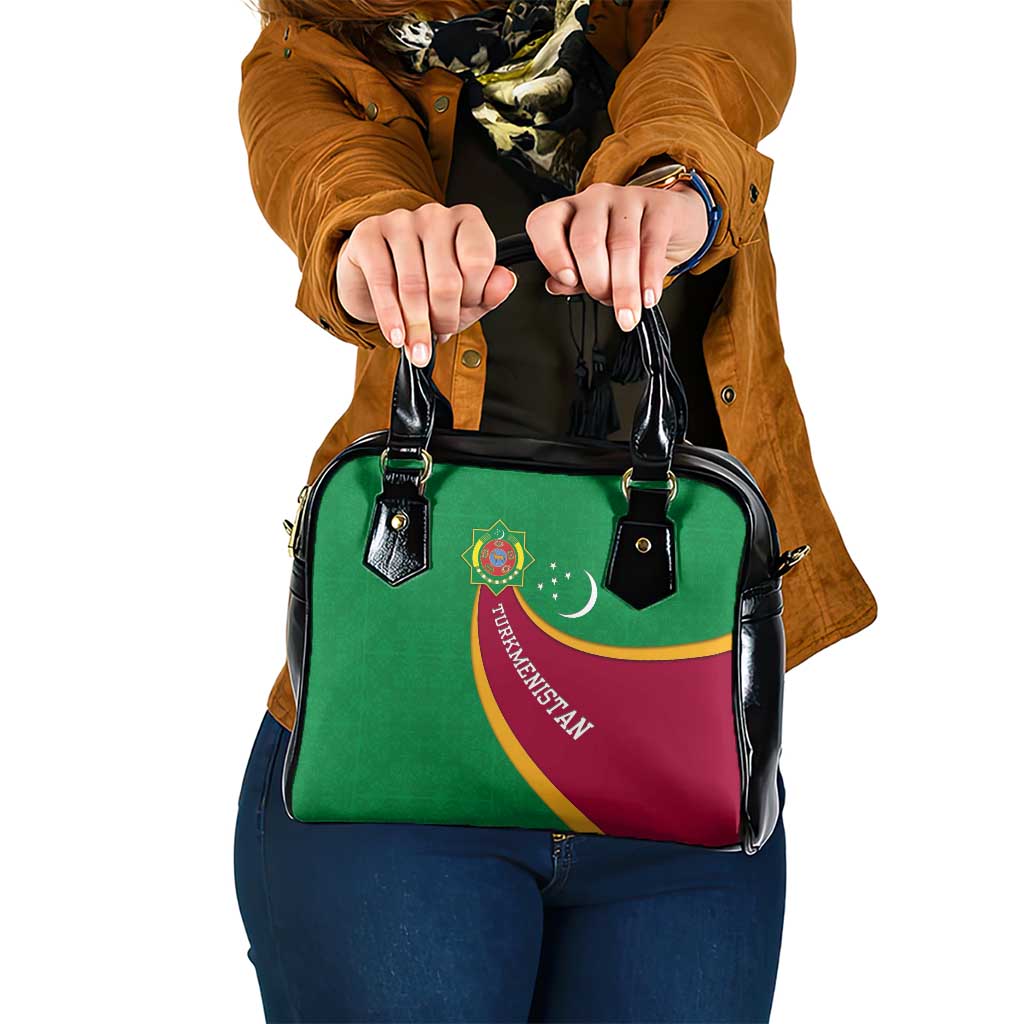 Turkmenistan Green Shoulder Handbag with Crescent Moon and State Emblem Design