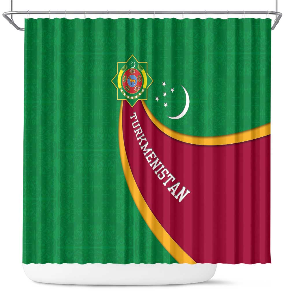 Turkmenistan Green Shower Curtain with Crescent Moon and State Emblem Design