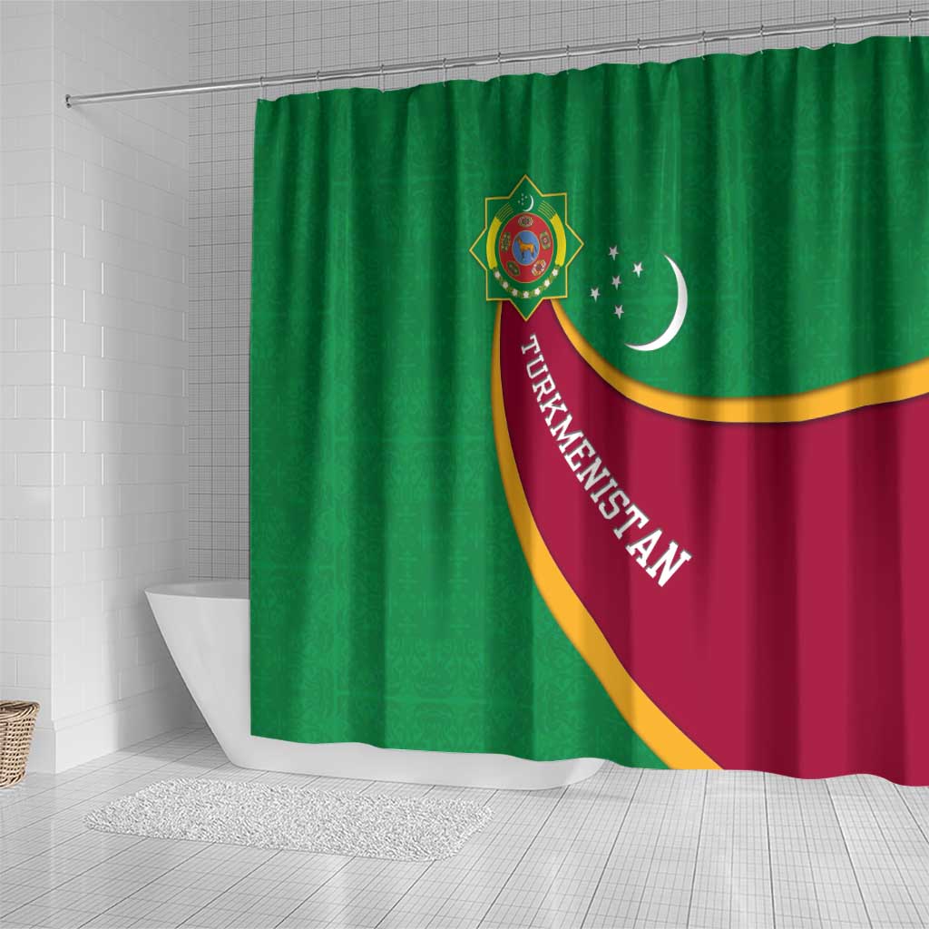 Turkmenistan Green Shower Curtain with Crescent Moon and State Emblem Design