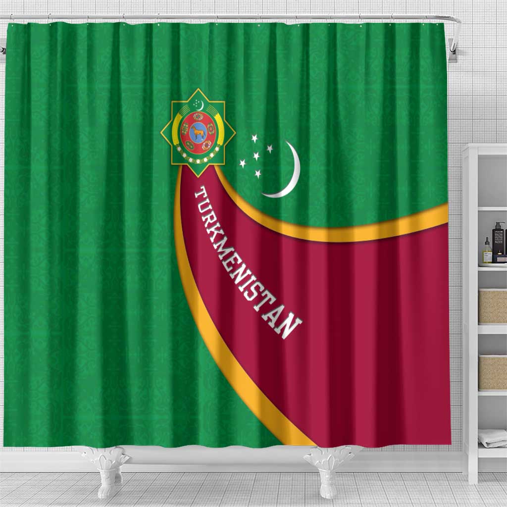 Turkmenistan Green Shower Curtain with Crescent Moon and State Emblem Design