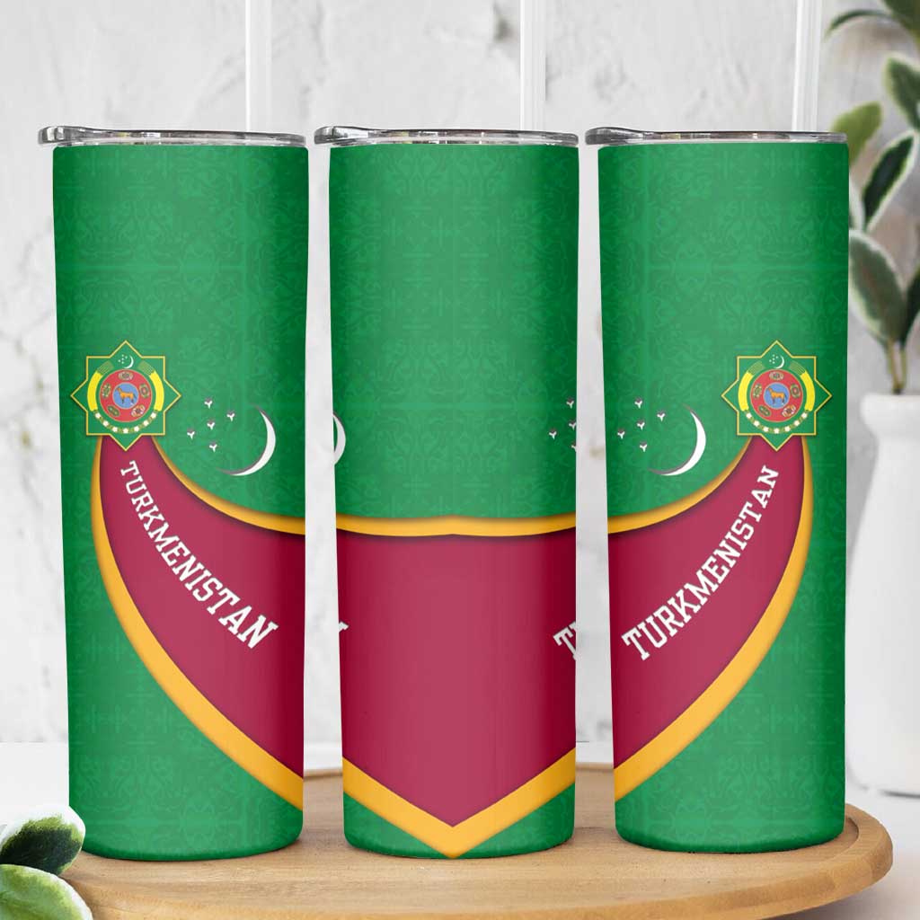 Turkmenistan Green Skinny Tumbler with Crescent Moon and State Emblem Design