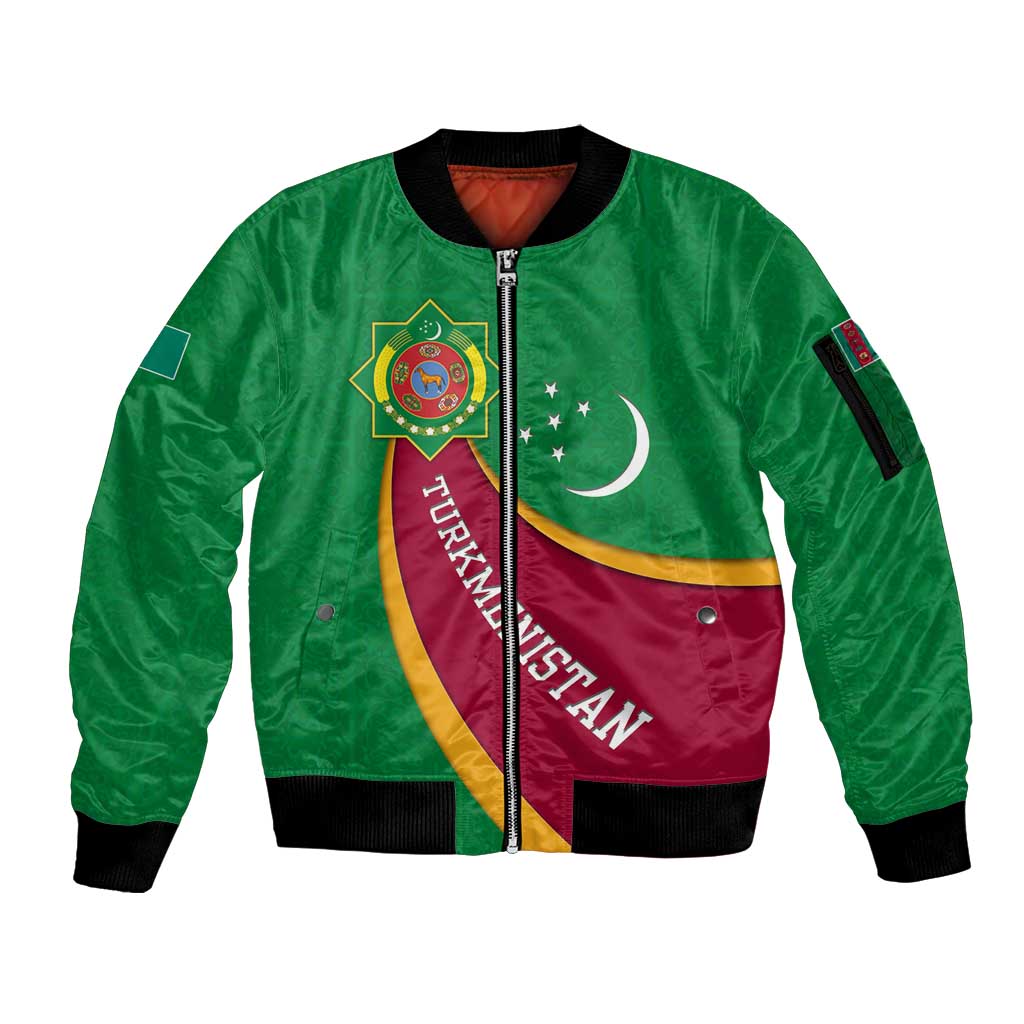 Turkmenistan Green Sleeve Zip Bomber Jacket with Crescent Moon and State Emblem Design
