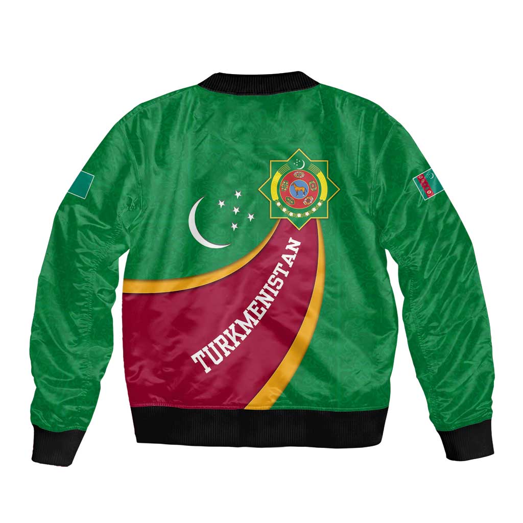 Turkmenistan Green Sleeve Zip Bomber Jacket with Crescent Moon and State Emblem Design