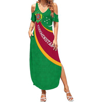 Turkmenistan Green Summer Maxi Dress with Crescent Moon and State Emblem Design