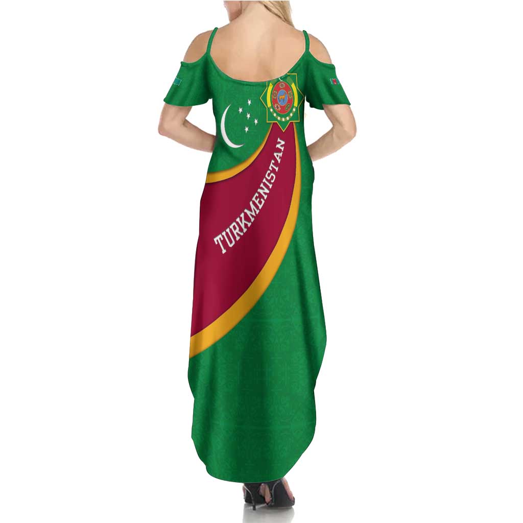 Turkmenistan Green Summer Maxi Dress with Crescent Moon and State Emblem Design