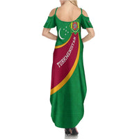 Turkmenistan Green Summer Maxi Dress with Crescent Moon and State Emblem Design