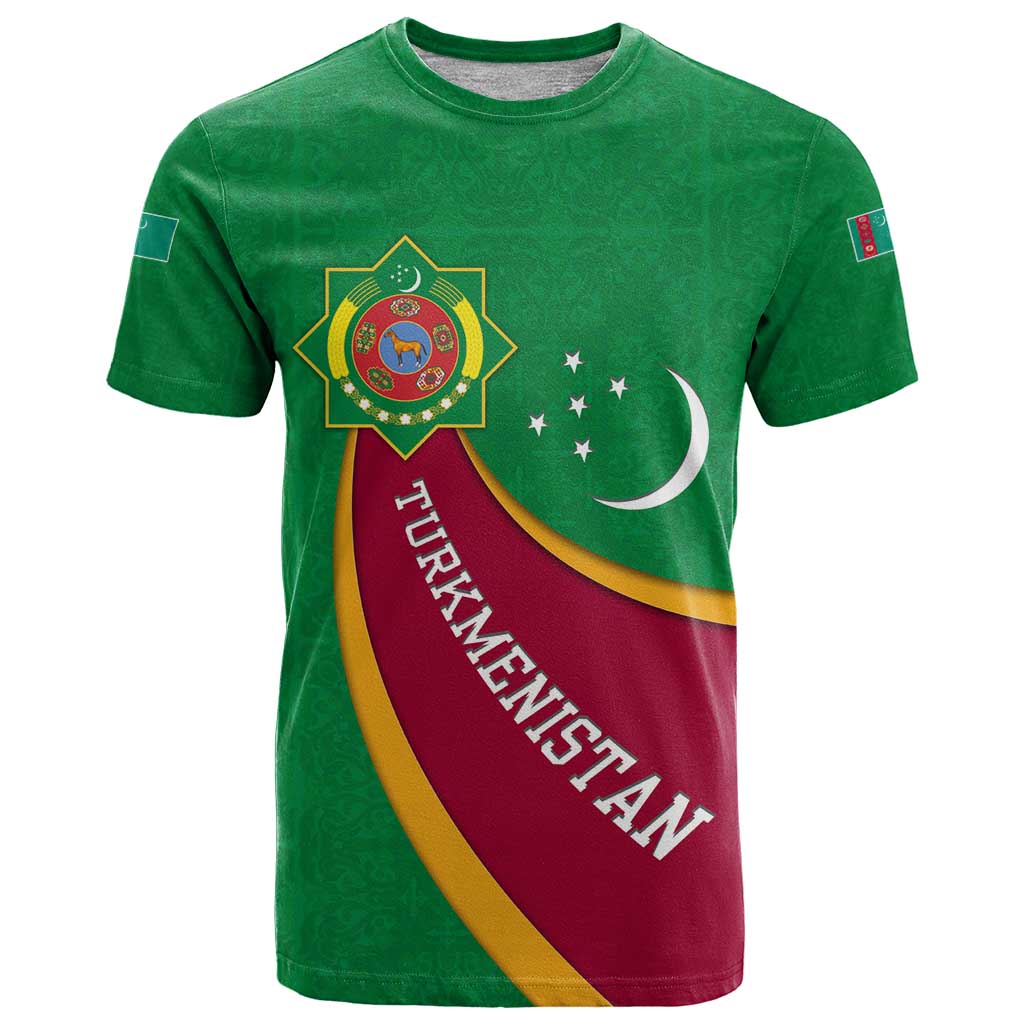 Turkmenistan Green T Shirt with Crescent Moon and State Emblem Design