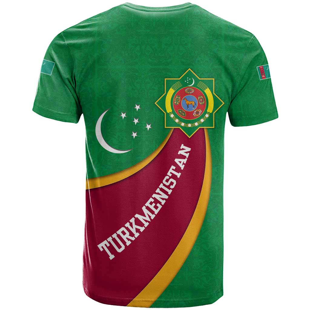 Turkmenistan Green T Shirt with Crescent Moon and State Emblem Design
