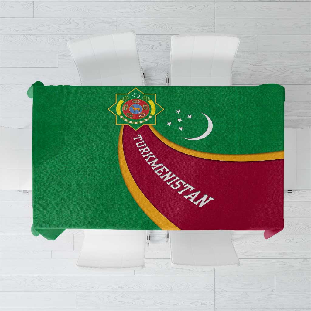 Turkmenistan Green Tablecloth with Crescent Moon and State Emblem Design