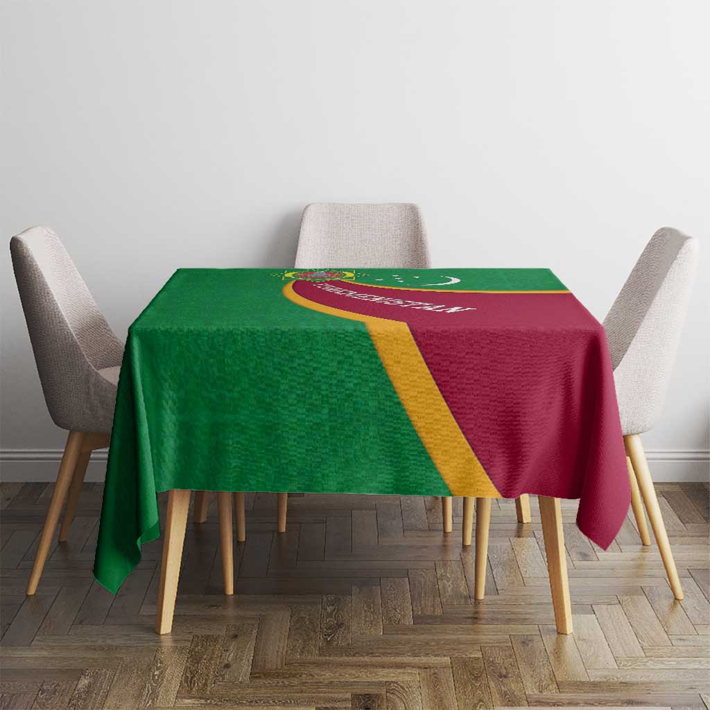 Turkmenistan Green Tablecloth with Crescent Moon and State Emblem Design