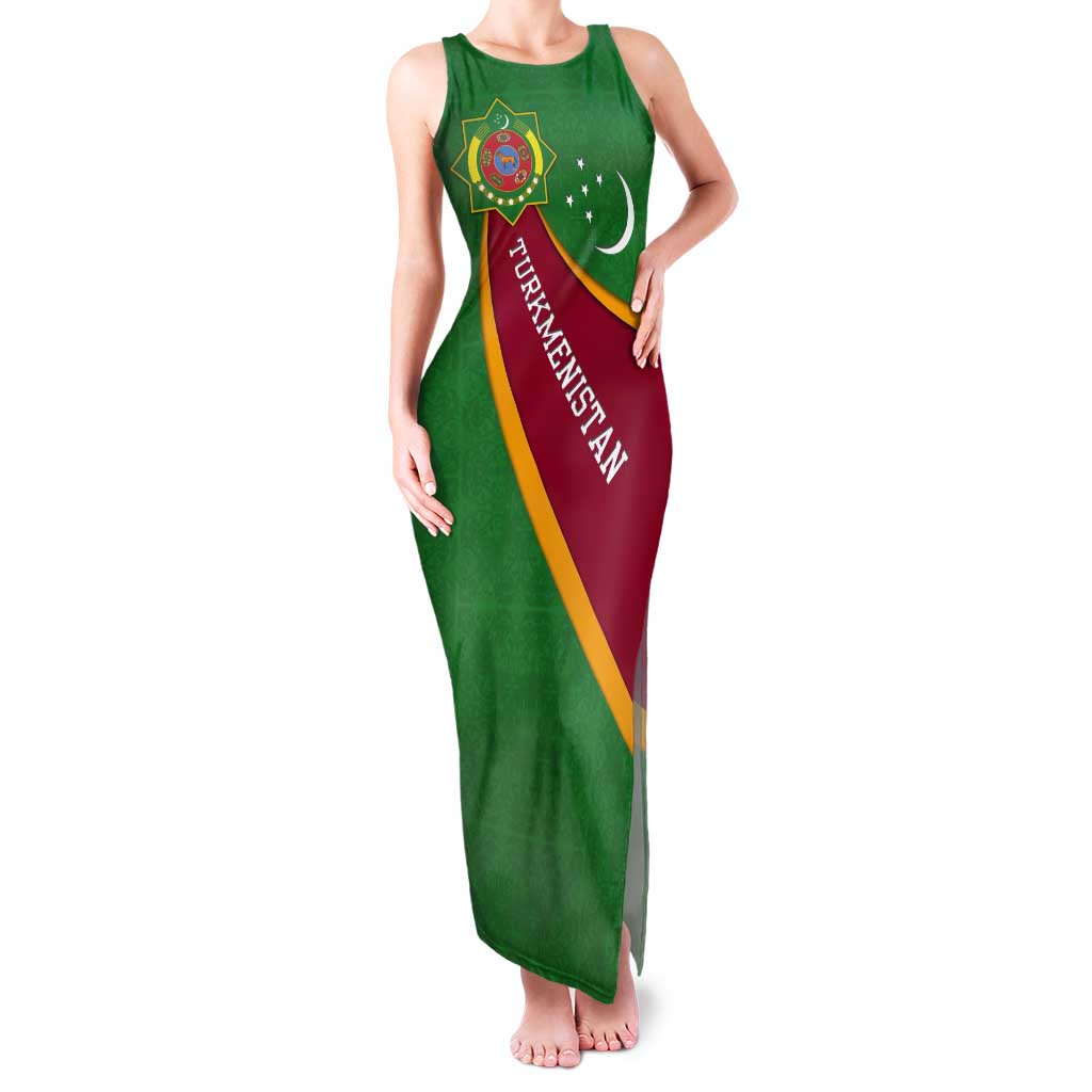 Turkmenistan Green Tank Maxi Dress with Crescent Moon and State Emblem Design