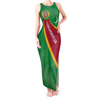 Turkmenistan Green Tank Maxi Dress with Crescent Moon and State Emblem Design