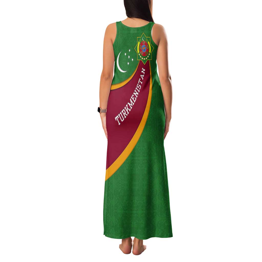 Turkmenistan Green Tank Maxi Dress with Crescent Moon and State Emblem Design