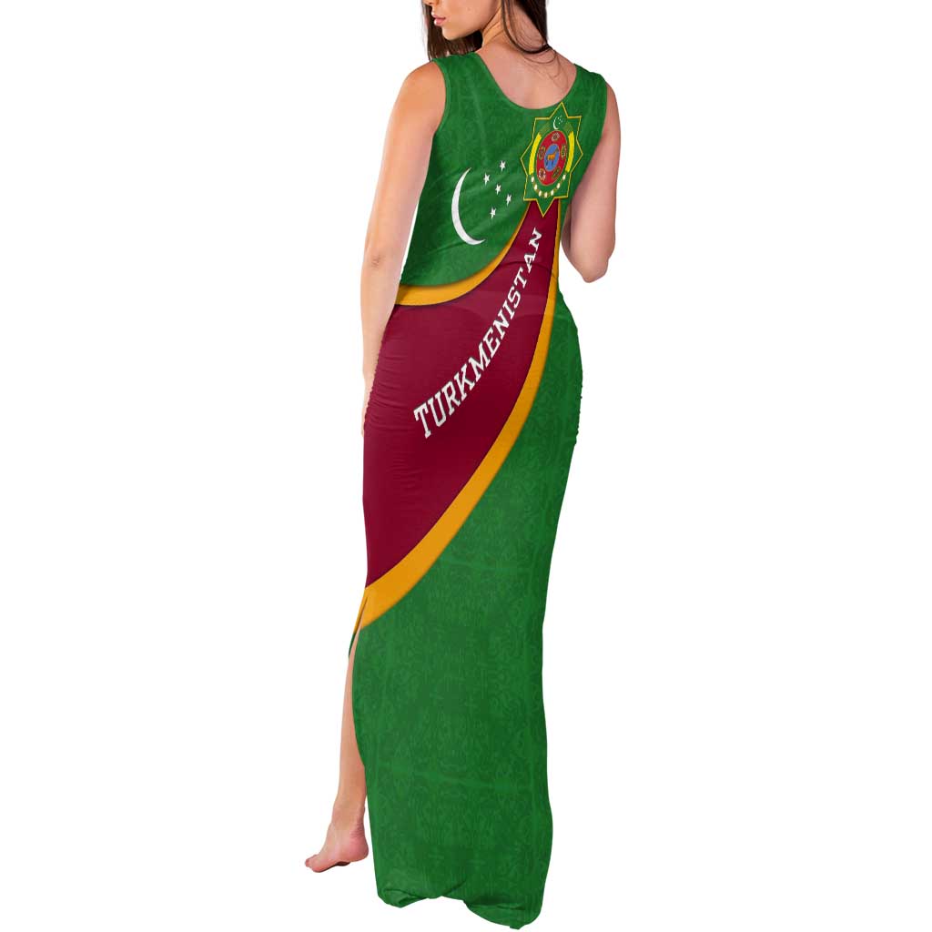 Turkmenistan Green Tank Maxi Dress with Crescent Moon and State Emblem Design
