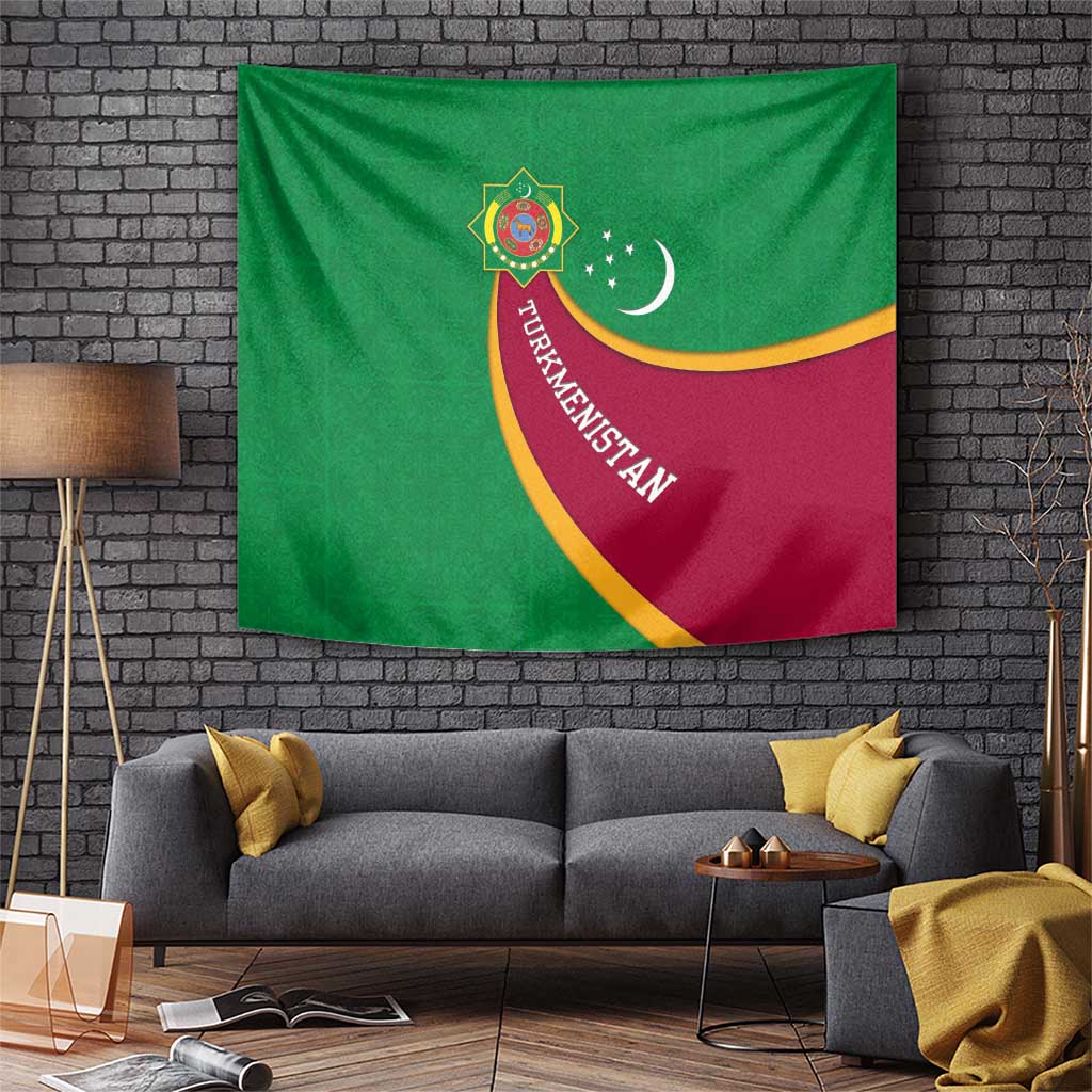 Turkmenistan Green Tapestry with Crescent Moon and State Emblem Design