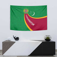 Turkmenistan Green Tapestry with Crescent Moon and State Emblem Design