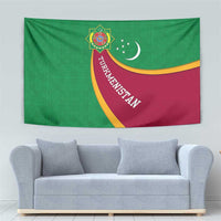 Turkmenistan Green Tapestry with Crescent Moon and State Emblem Design