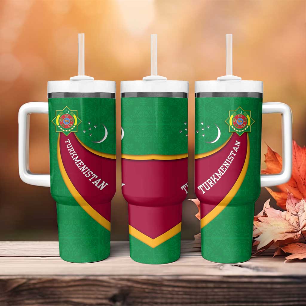 Turkmenistan Green Tumbler With Handle with Crescent Moon and State Emblem Design