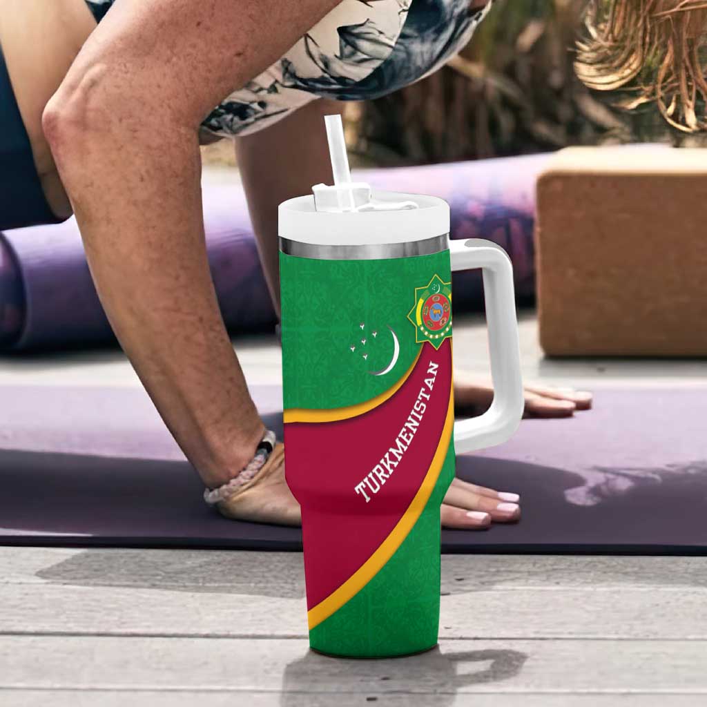 Turkmenistan Green Tumbler With Handle with Crescent Moon and State Emblem Design