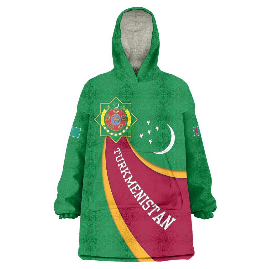 Turkmenistan Green Wearable Blanket Hoodie with Crescent Moon and State Emblem Design