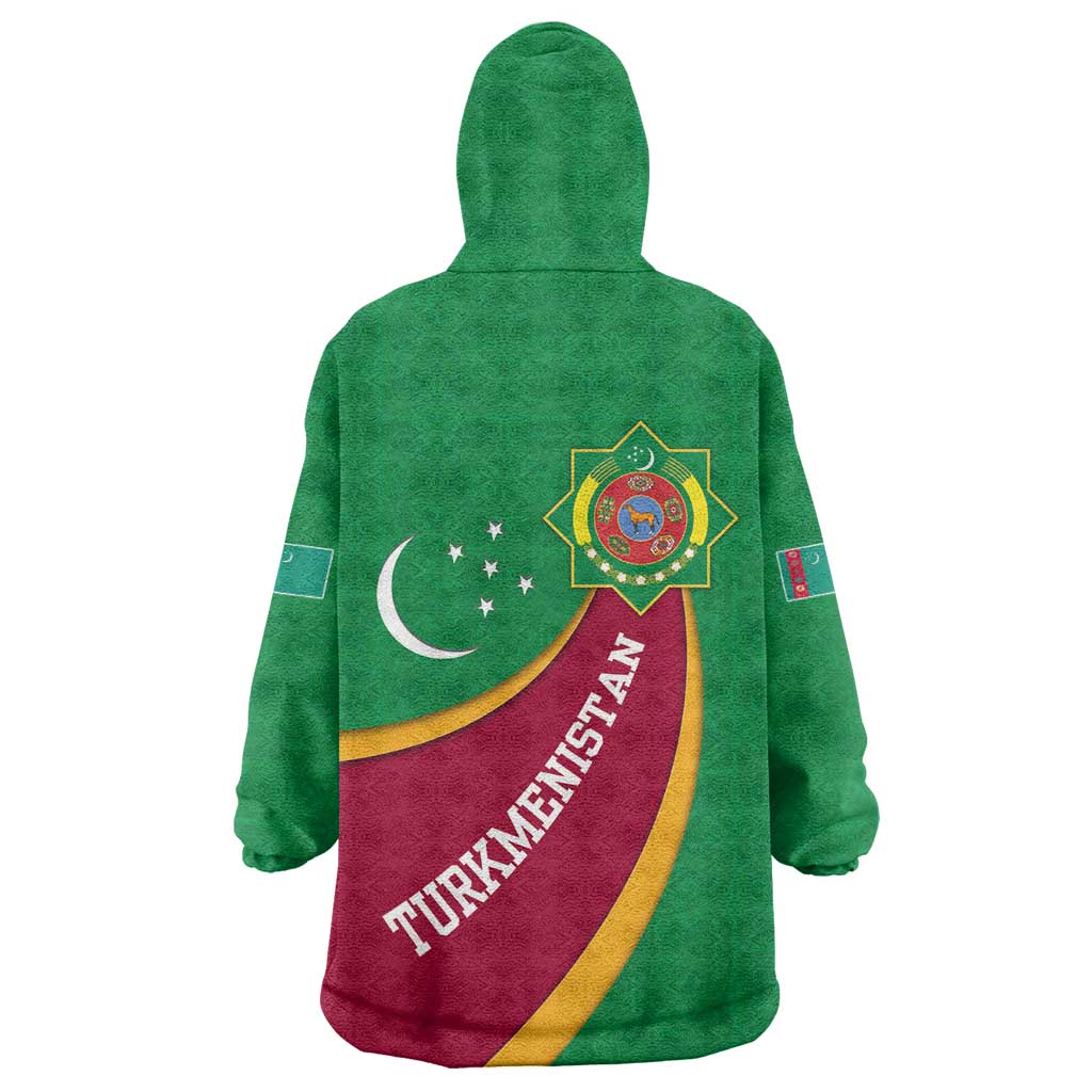 Turkmenistan Green Wearable Blanket Hoodie with Crescent Moon and State Emblem Design