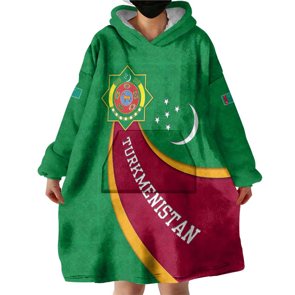 Turkmenistan Green Wearable Blanket Hoodie with Crescent Moon and State Emblem Design