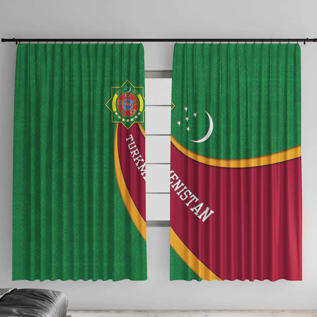 Turkmenistan Green Window Curtain with Crescent Moon and State Emblem Design